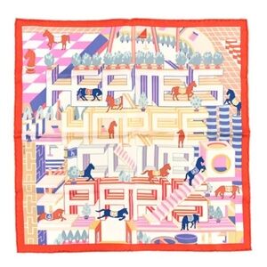 NEW NWT Hermes Silk Gavroche Horse Club Detail Scarf 45 Corail Rose Bleu